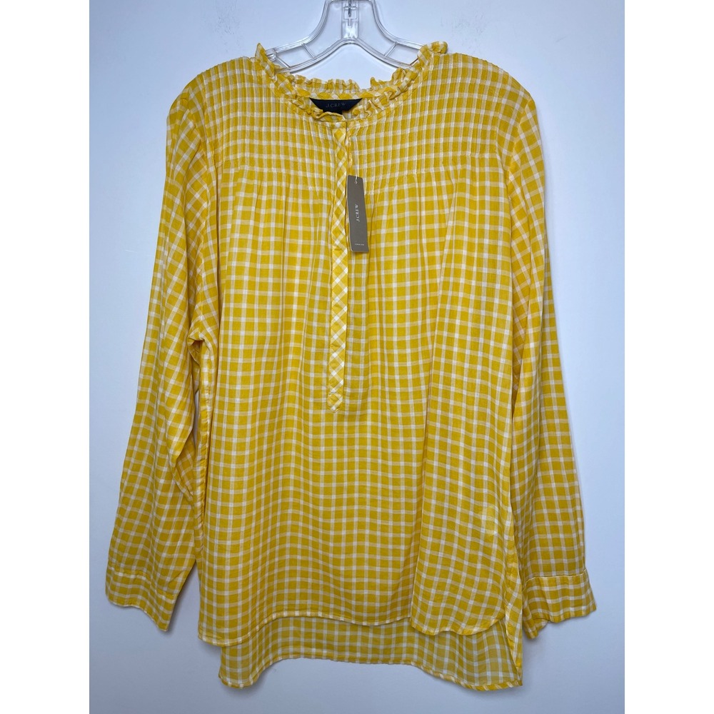 J.Crew Yellow Gingham Ruffle Neck Pintuck Lightweight Tunic Blouse Top 18T